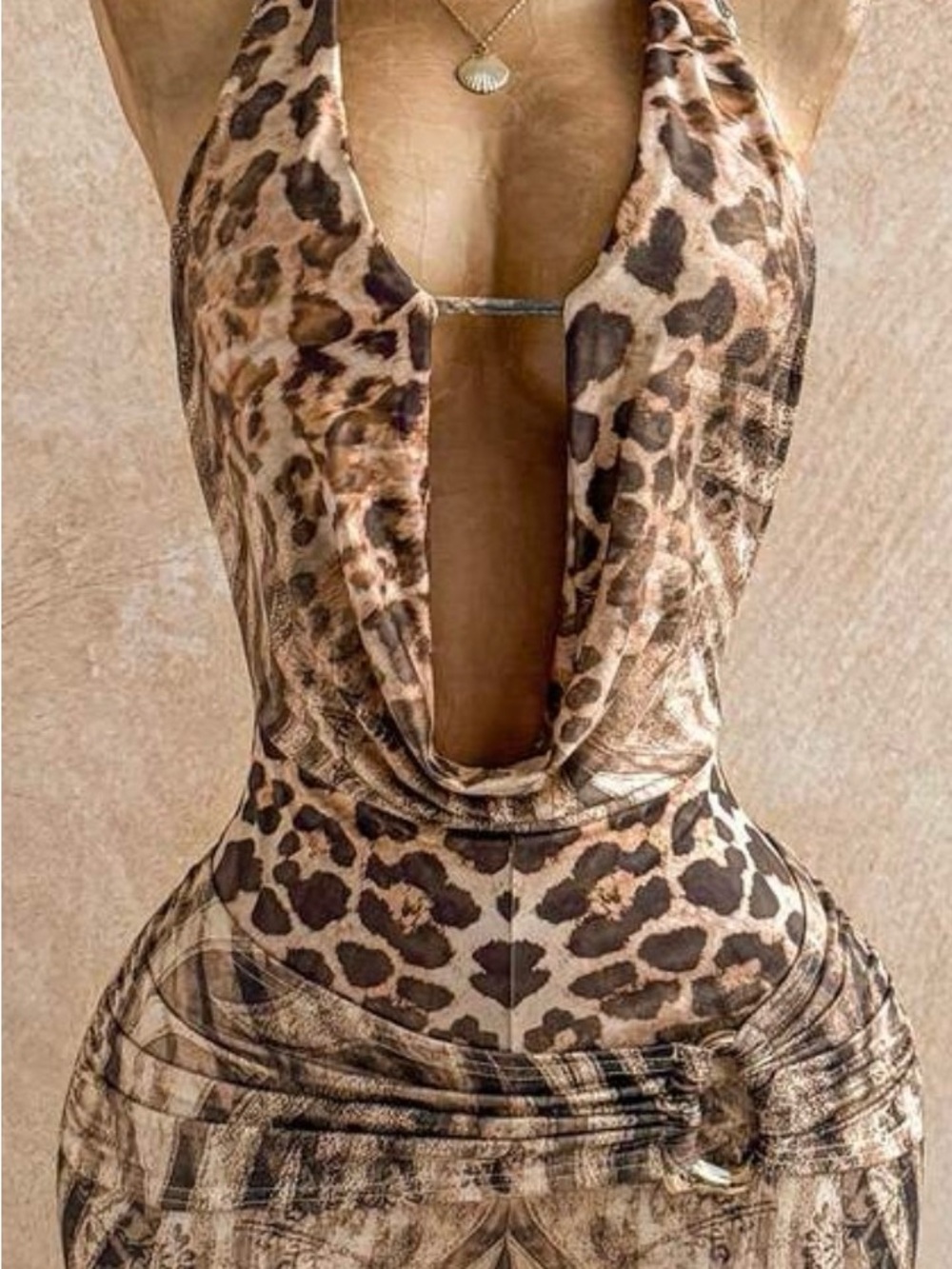 Leopard Print Deep V Halter Dress - Brown